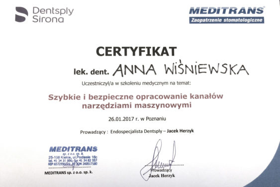 certyfikat anna wiśniewska lekarz dentysta